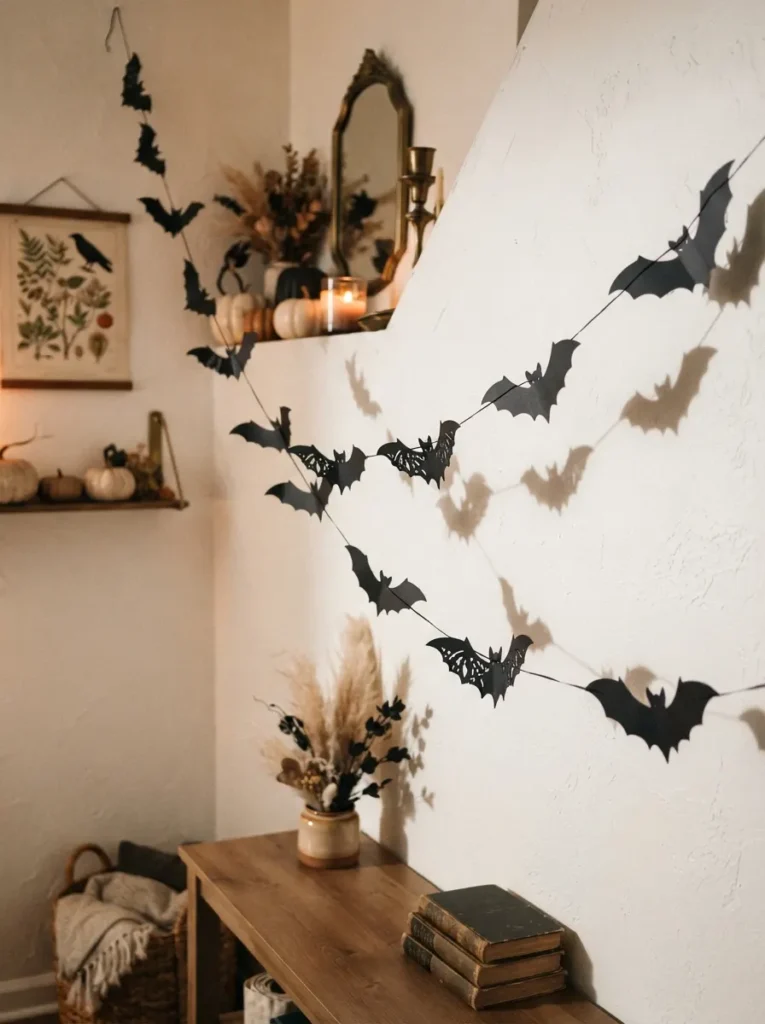 ![Long black bat silhouette garland stretched across a white wall, dramatic shadows, vertical Pinterest photography, graphic-bat-garland styling.]