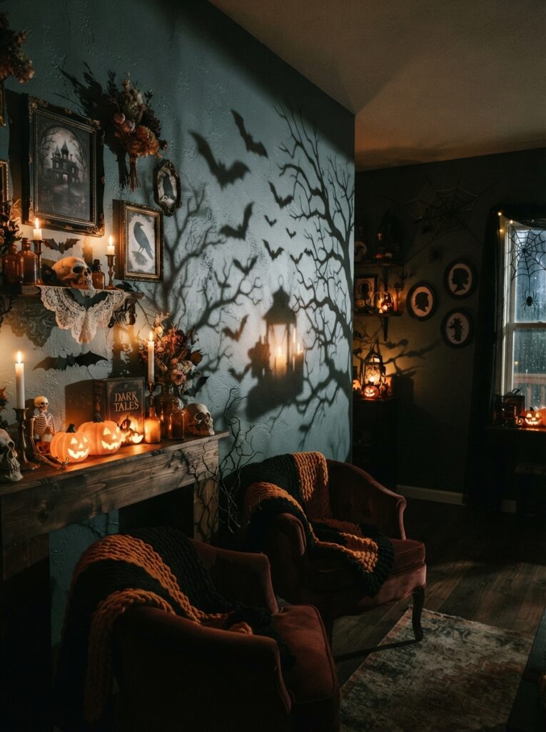 ![Spooky bat and bare-branch shadows projected onto a living room wall during Halloween, dim warm lighting, gothic decorations, atmospheric haunted interior, vertical Pinterest photography.]