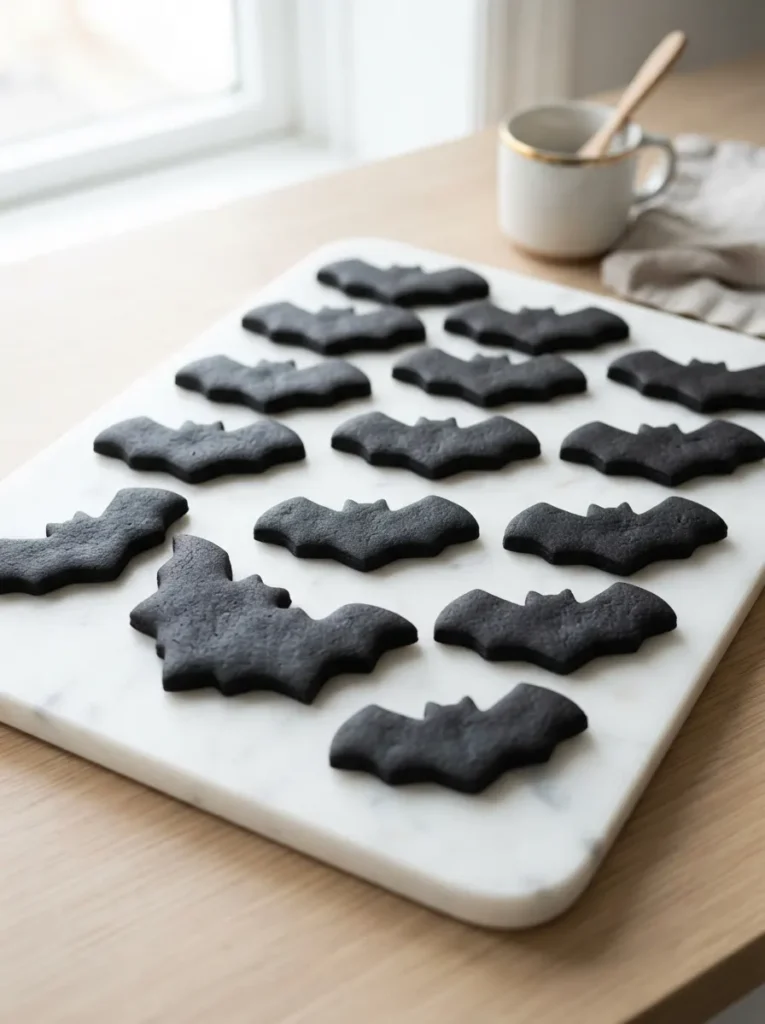 ![Stark charcoal-black bat silhouette cookies baked flawlessly with no icing, resting on a pristine white marble platter, crisp daytime lighting, vertical Pinterest photography, modern minimalist baking styling.]
