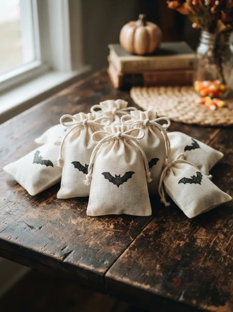 Small, raw cotton muslin drawstring bags stamped with a crisp black bat silhouette, filled with treats, resting on a dark wood table, crisp natural light, vertical Pinterest photography, rustic chic treat bag styling.