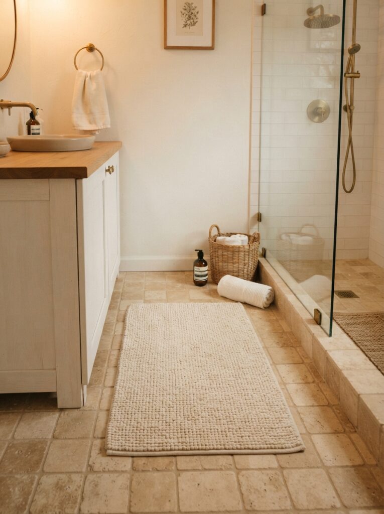 ![A light-colored bath mat on a small bathroom floor, blending with the surrounding tile tone, warm bathroom lighting, vertical Pinterest photography, warm light-mat styling.]