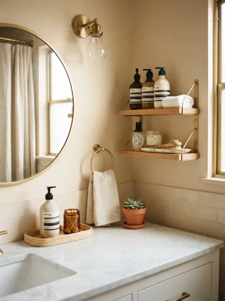 ![A clear bathroom countertop with a wall-mounted shelf holding toiletries nearby, warm bathroom lighting, vertical Pinterest photography, warm clear-counter styling.]