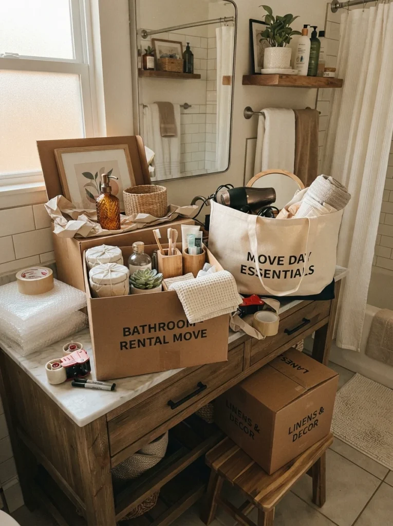 Bathroom decor and furniture pieces being packed up and moved to a new rental, illustrating a take-it-with-you approach, warm bathroom lighting, vertical Pinterest photography, warm portable-investment styling.