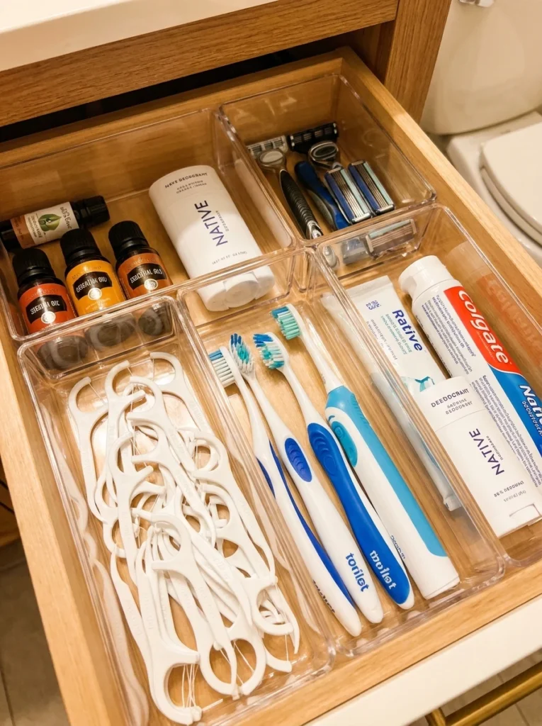 A bathroom drawer with dividers, small items neatly separated into sections, warm bathroom lighting, vertical Pinterest photography, warm divided-drawer styling.