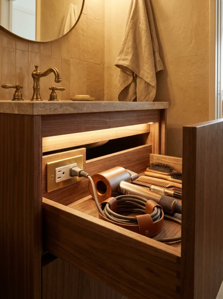 A concealed bathroom drawer with a built-in outlet, a hair dryer stored and ready to use, warm bathroom lighting, vertical Pinterest photography, warm concealed-tool styling.