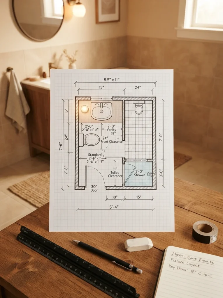 A small bathroom floor plan diagram showing standard dimensions for fixture placement, warm bathroom lighting, vertical Pinterest photography, warm dimension-planning styling.