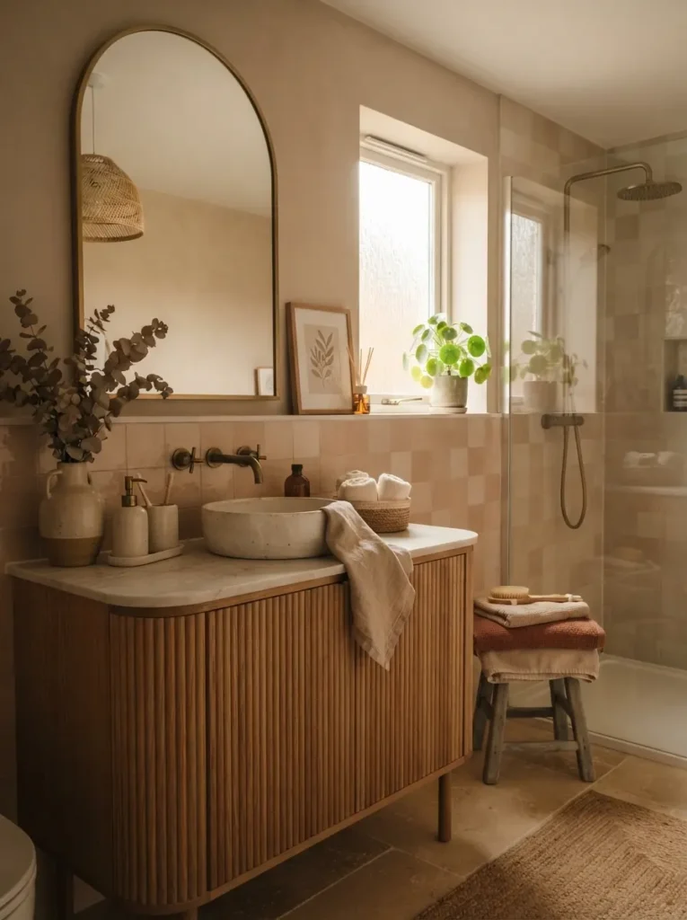 ![A bathroom in muted, softened earth tones rather than bright saturated versions, calmer overall feel, warm bathroom lighting, vertical Pinterest photography, warm muted-earth-tone styling.]