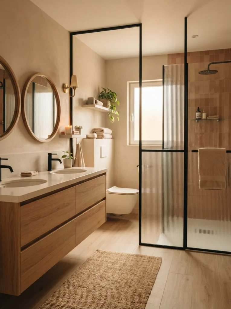 A shared bathroom layout with the toilet and shower separated behind a partition from the vanity area, warm bathroom lighting, vertical Pinterest photography, warm privacy-zoned styling.