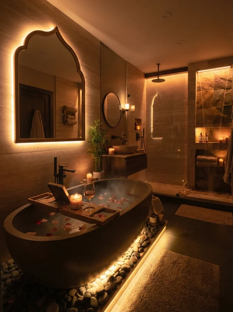 Dimmable ambient lighting in a spa-style bathroom, soft color-adjustable glow, warm bathroom lighting, vertical Pinterest photography, warm chromotherapy-lighting styling.