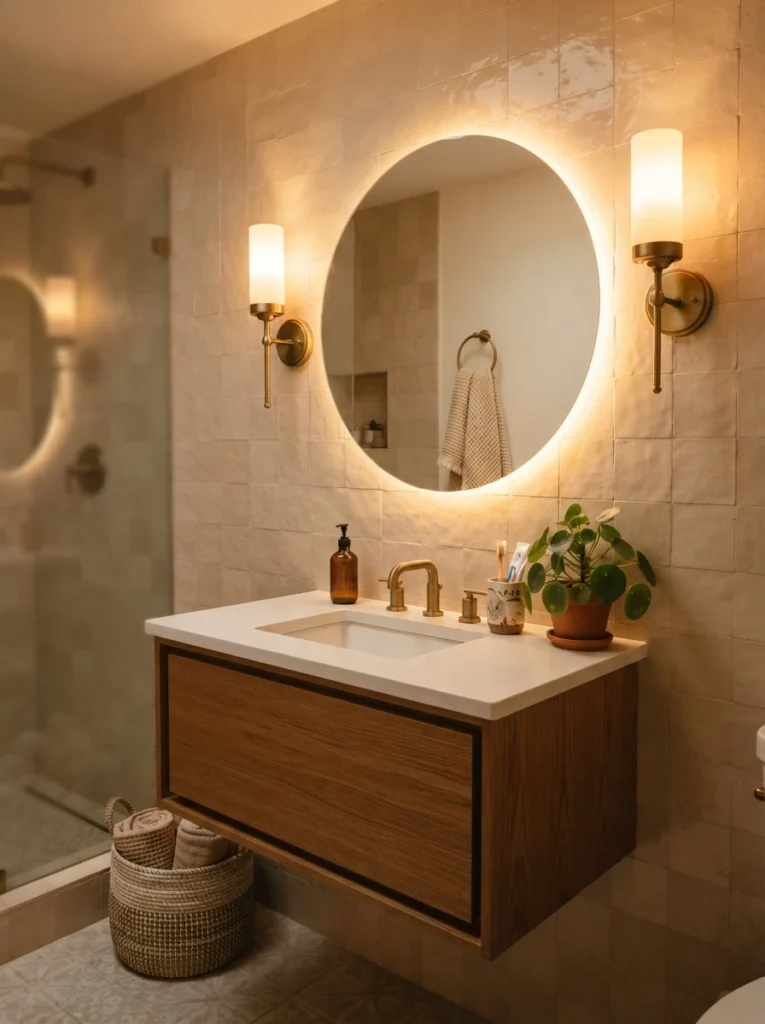 Layered lighting in a small bathroom, wall sconces and a backlit mirror replacing a single harsh overhead fixture, warm bathroom lighting, vertical Pinterest photography, warm layered-lighting styling.