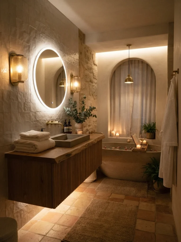 Layered dimmable lighting in a spa-style bathroom, sconces and ambient fixtures creating a soft glow, warm bathroom lighting, vertical Pinterest photography, warm layered-lighting styling.