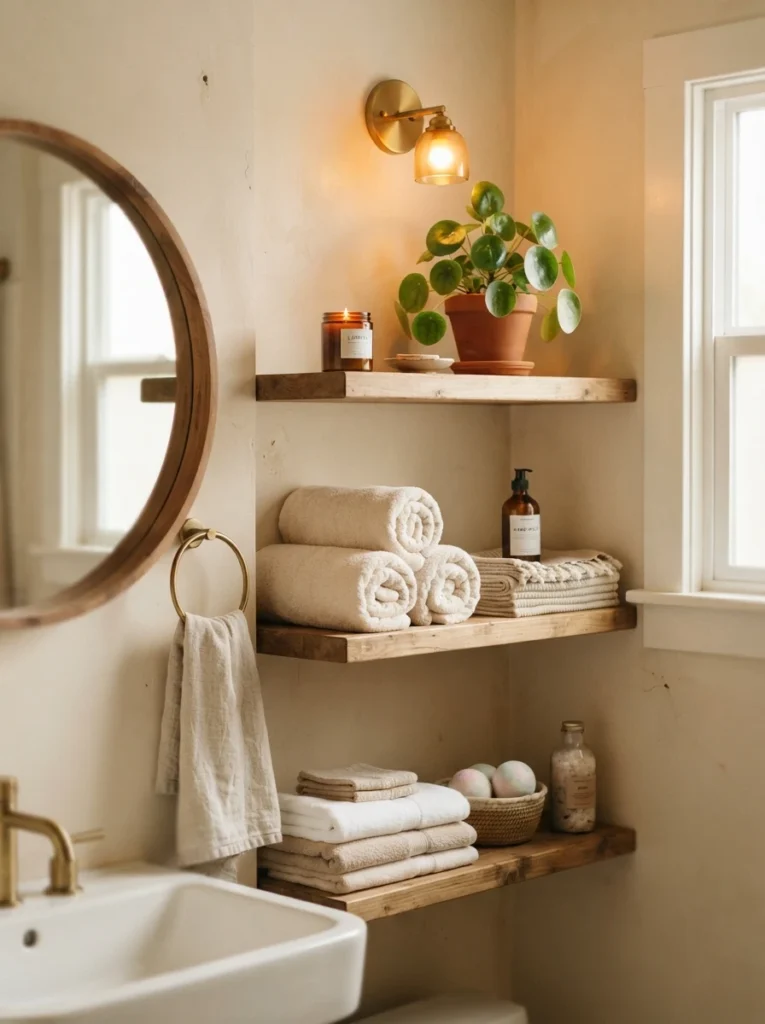 Open shelving in a rental bathroom styled with a curated selection of a candle, plant, and folded towels, warm bathroom lighting, vertical Pinterest photography, warm curated-shelf styling.