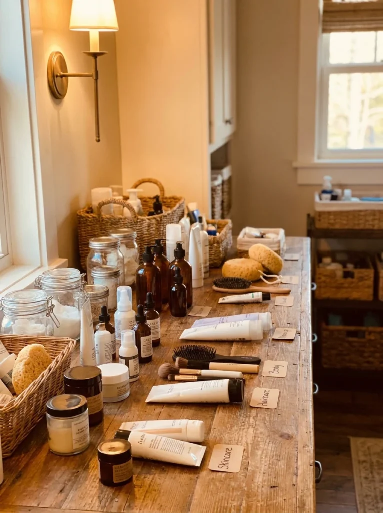 Bathroom products emptied out and sorted into groups on a counter, ready for organizing, warm bathroom lighting, vertical Pinterest photography, warm sorting styling.