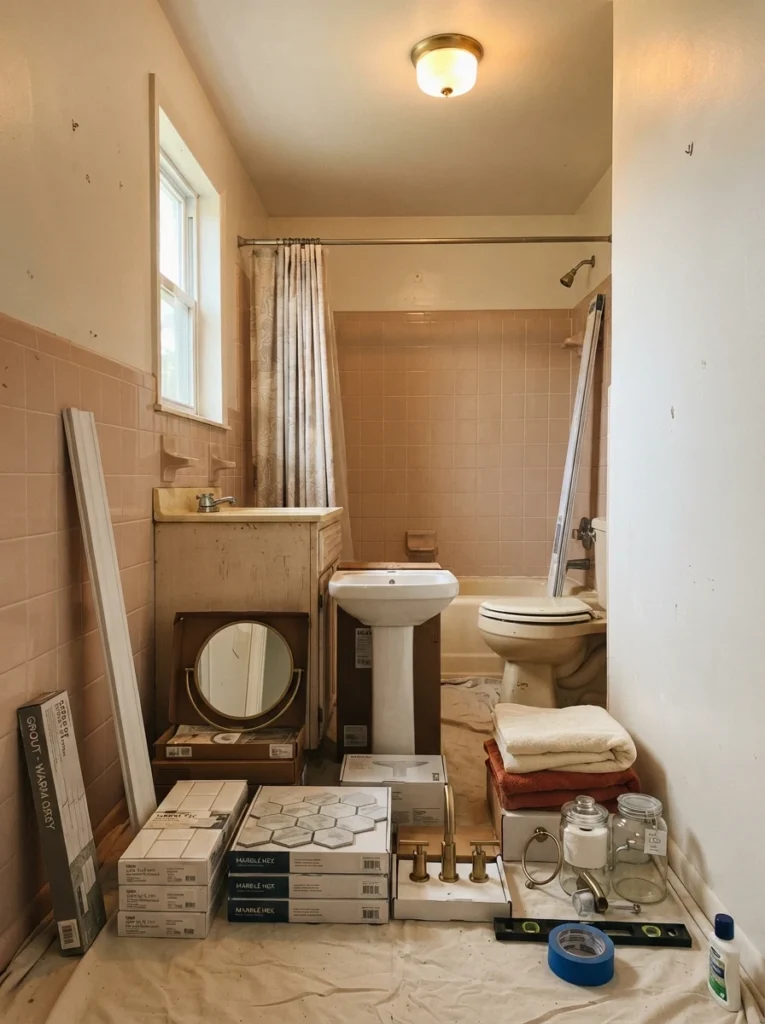 All remodel materials and fixtures staged and ready before demolition begins on a small bathroom, warm bathroom lighting, vertical Pinterest photography, warm pre-ordered styling.
