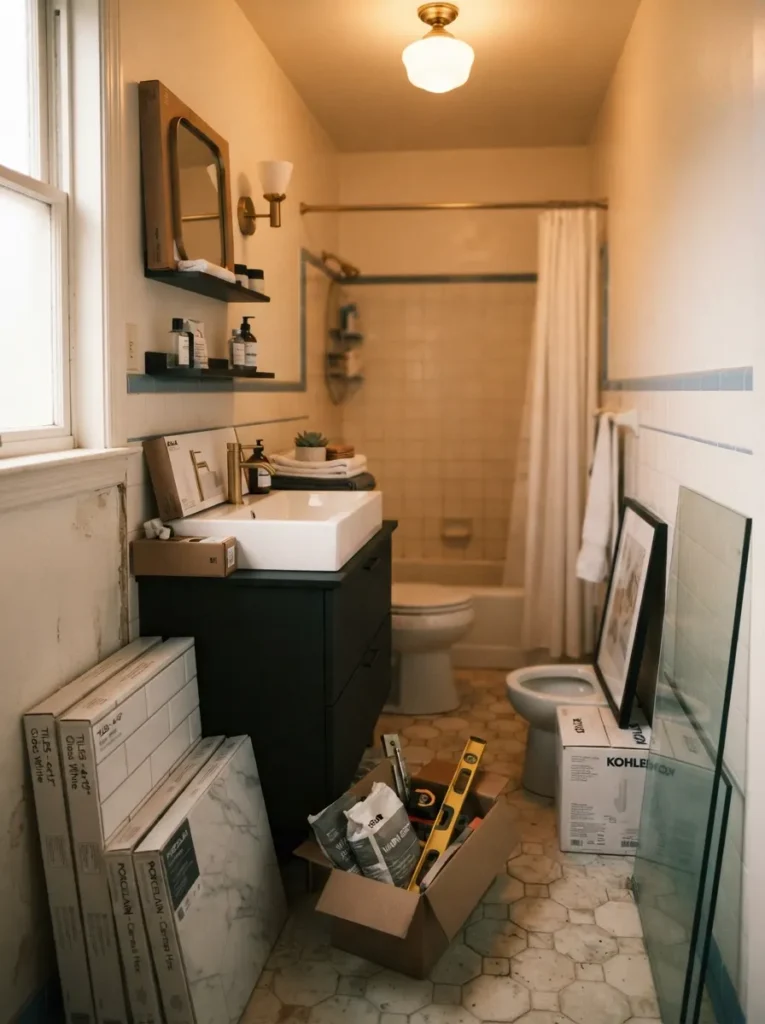 ![A bathroom remodel budget spreadsheet showing a built-in contingency fund, warm bathroom lighting, vertical Pinterest photography, warm contingency-budget styling.]