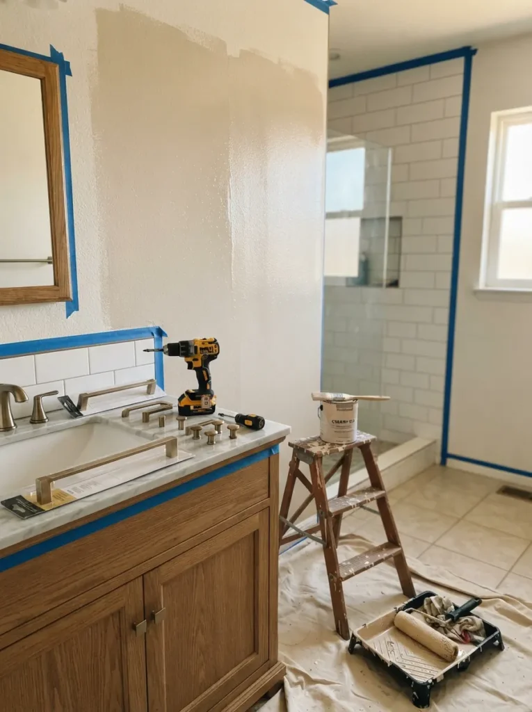 ![A homeowner doing DIY painting and hardware installation in a bathroom remodel, warm bathroom lighting, vertical Pinterest photography, warm DIY-labor styling.]