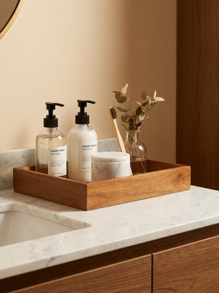 Bathroom counter items grouped into a tray, creating a defined zone rather than loose clutter, warm bathroom lighting, vertical Pinterest photography, warm zoned-tray styling.