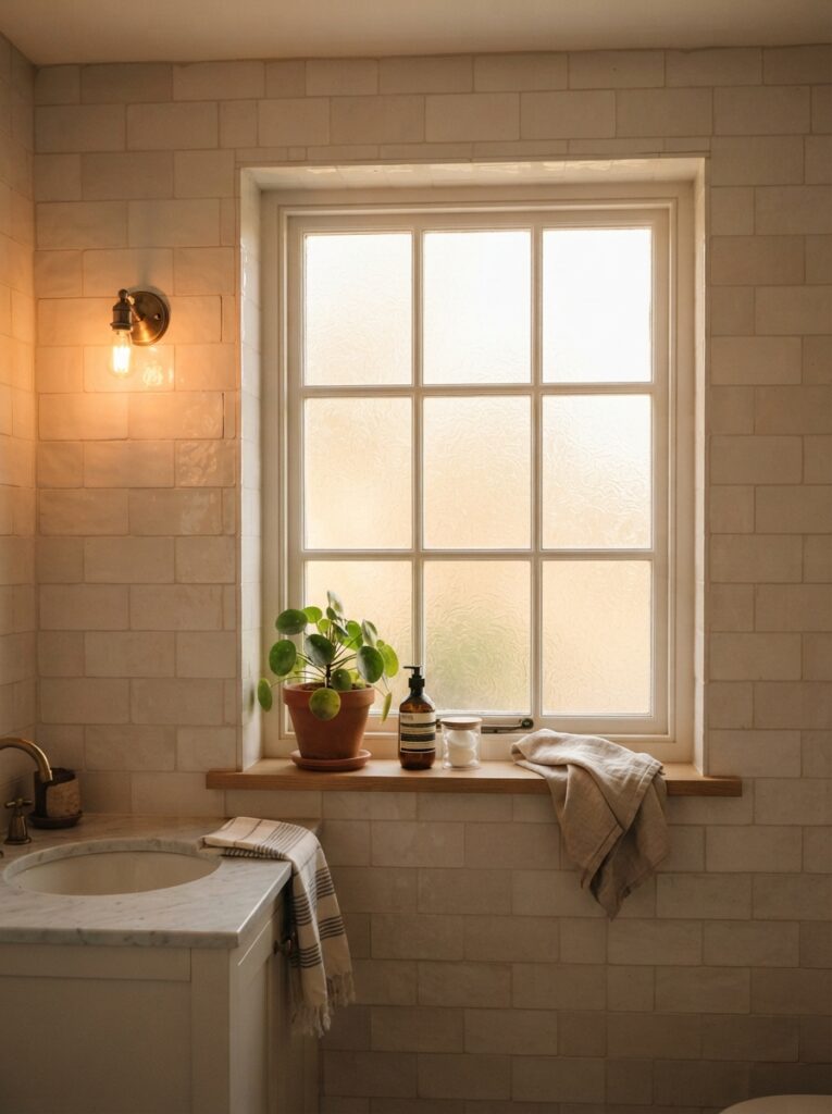 ![A bathroom window with frosted film applied, natural light passing through while maintaining privacy, warm bathroom lighting, vertical Pinterest photography, warm frosted-glass styling.]