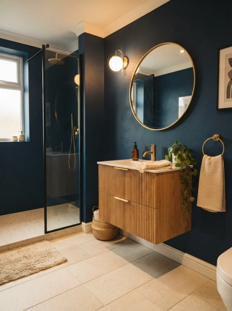 Deep blue walls paired with lighter flooring in a bathroom, bold intentional contrast, warm bathroom lighting, vertical Pinterest photography, warm blue-light-floor styling.