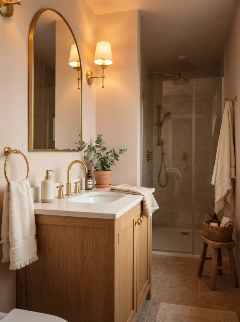 ![A warm rosy greige blush bathroom, paired with brass fixtures and an oak vanity, warm bathroom lighting, vertical Pinterest photography, warm rosy-greige styling.]