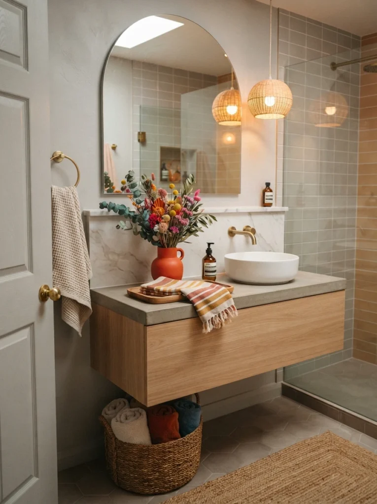A soft gray bathroom base, decorative accessories providing a pop of color against the neutral backdrop, warm bathroom lighting, vertical Pinterest photography, warm soft-gray-base styling.