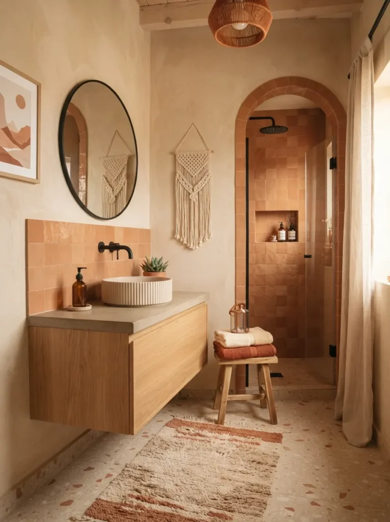 ![A bathroom built around a sandy beige and terracotta base palette, desert modern look, warm bathroom lighting, vertical Pinterest photography, warm two-tone-palette styling.]