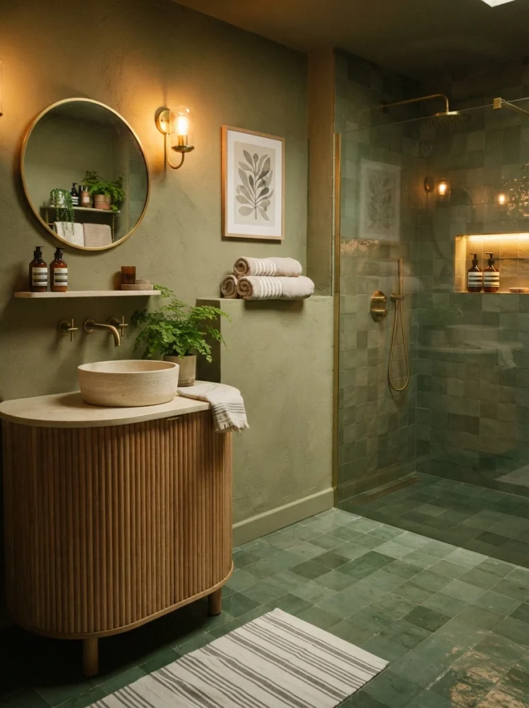 A bathroom layering khaki olive walls with deeper moss-green floor tiles, tonal grounding palette, warm bathroom lighting, vertical Pinterest photography, warm olive-moss styling.