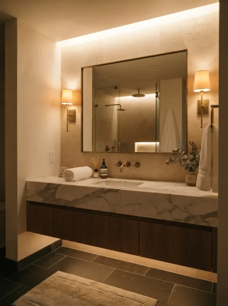 ![A bathroom finished in a timeless, restrained color palette, designed to avoid looking dated, warm bathroom lighting, vertical Pinterest photography, warm timeless-palette styling.]