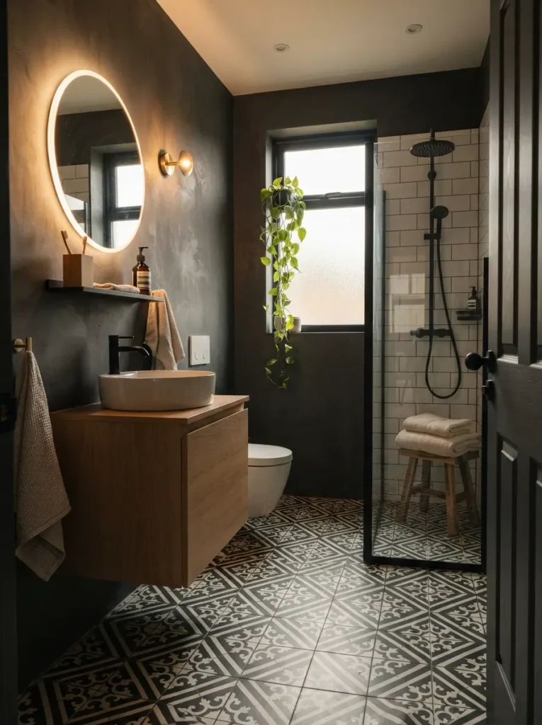 Black-and-white graphic flooring paired with charcoal walls in a bathroom, sharp modern look, warm bathroom lighting, vertical Pinterest photography, warm graphic-flooring styling.