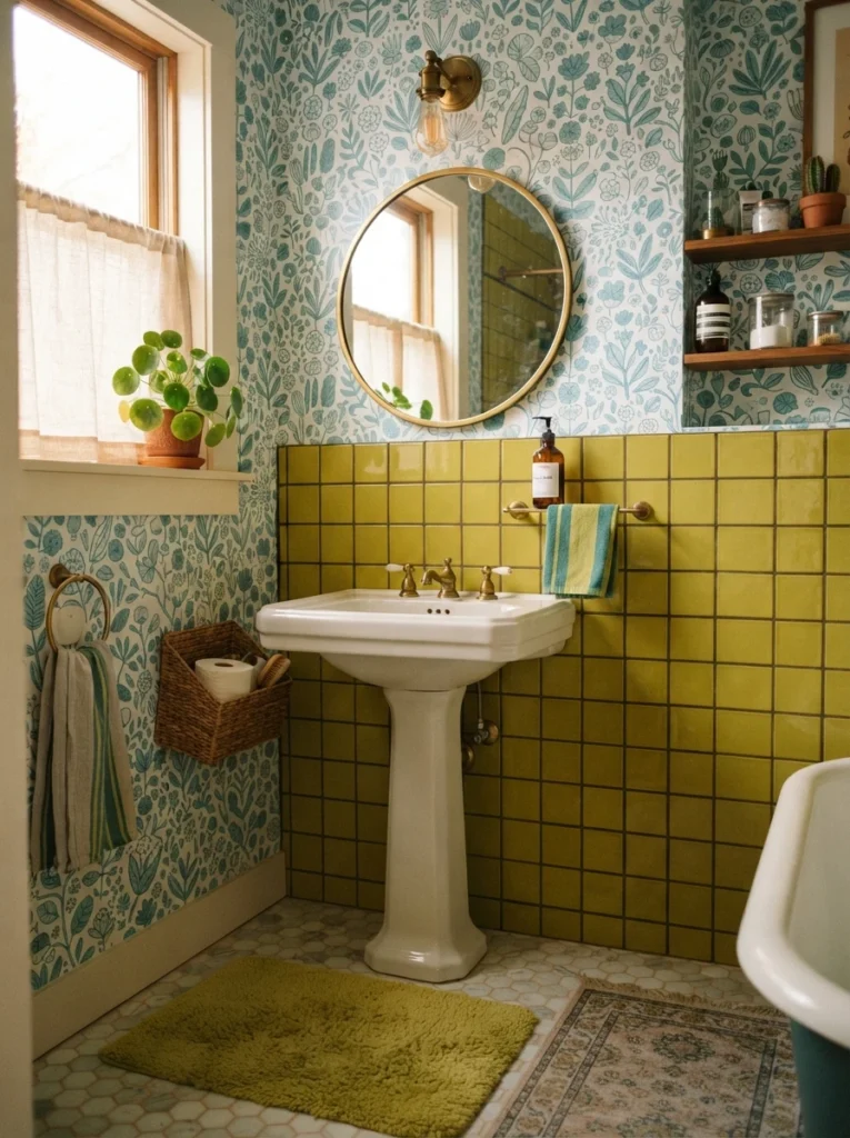 A bathroom with blue-green patterned wallpaper and a chartreuse tile accent, playful cohesive combination, warm bathroom lighting, vertical Pinterest photography, warm turquoise-chartreuse styling.
