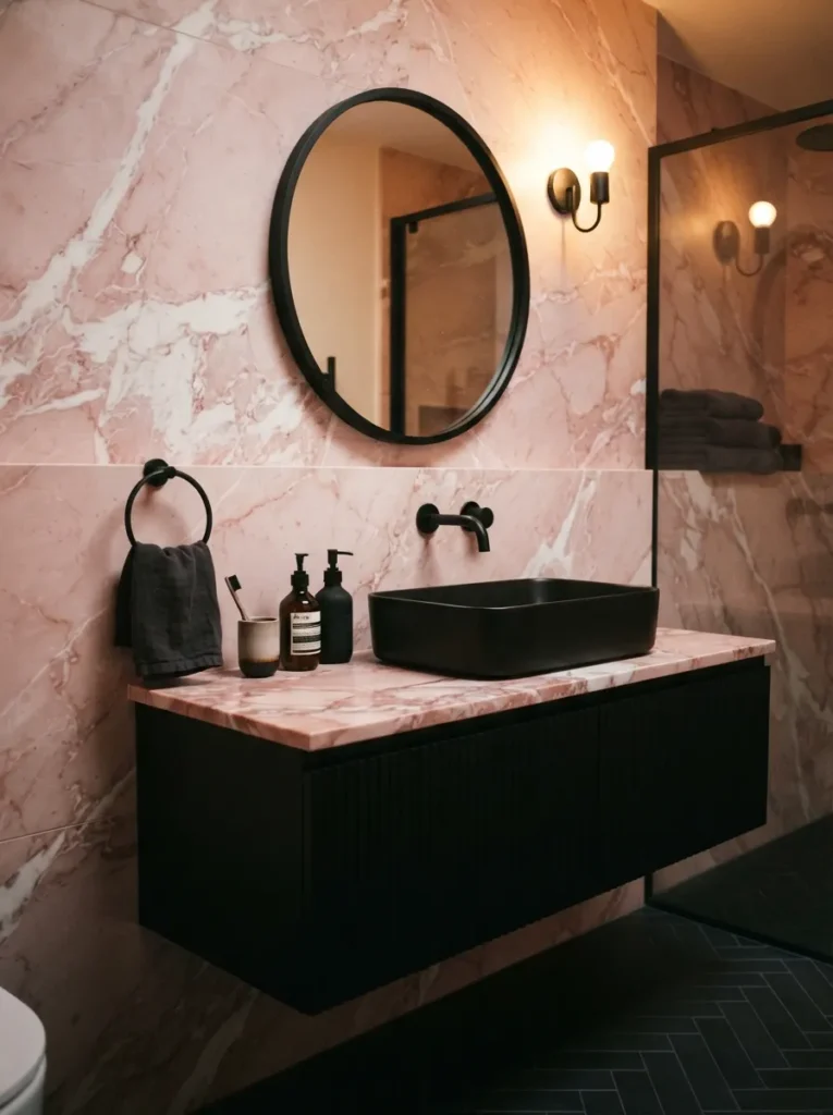 ![Soft pink marble contrasted with matte black fixtures in a bathroom, cool moody pairing, warm bathroom lighting, vertical Pinterest photography, warm pink-black-contrast styling.]