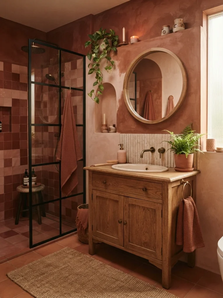 A bathroom combining deep rust tones with soft clay pink, warm cocooning atmosphere, warm bathroom lighting, vertical Pinterest photography, warm rust-clay-pink styling.