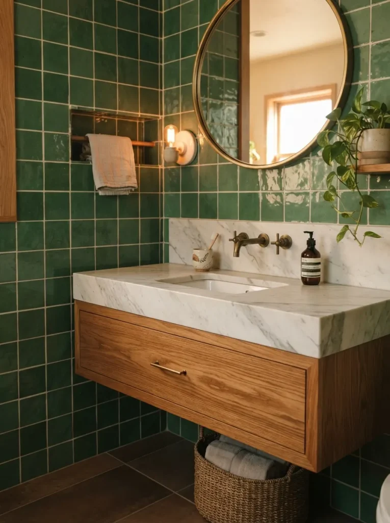 ![A bathroom combining just three strong materials, green tile, marble countertop, and warm wood, warm bathroom lighting, vertical Pinterest photography, warm limited-material styling.]