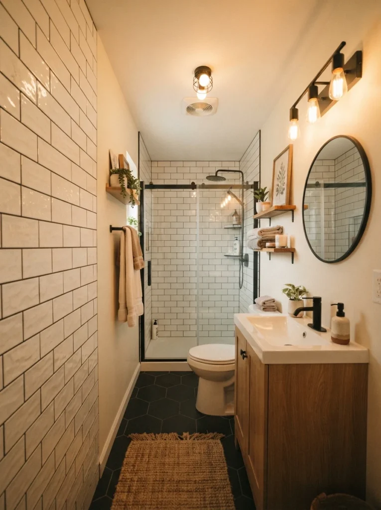 A small bathroom with vanity, toilet, and shower arranged in a row along one wall, warm bathroom lighting, vertical Pinterest photography, warm three-in-a-row styling.