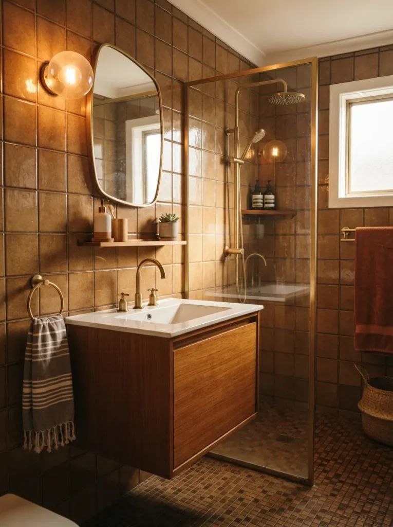 ![Mid-century modern fixtures paired with vintage brown tile in a bathroom, character-rich design, warm bathroom lighting, vertical Pinterest photography, warm retro-modern-mix styling.]