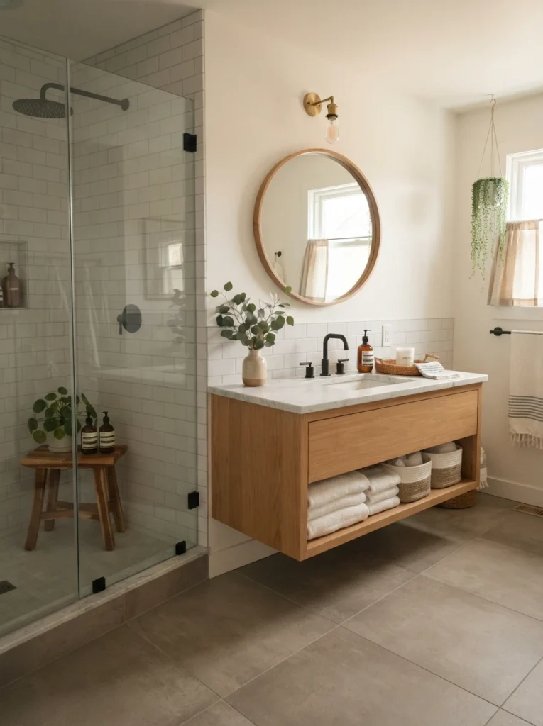 A bathroom in soft white and gray tones, flexible foundation for future updates, warm bathroom lighting, vertical Pinterest photography, warm white-gray-foundation styling.