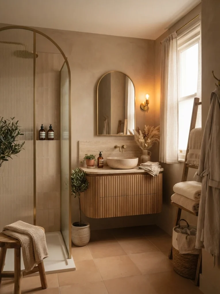 A bathroom built entirely around tonal color choices rather than stark contrast, cohesive calming feel, warm bathroom lighting, vertical Pinterest photography, warm tonal-cohesion styling.