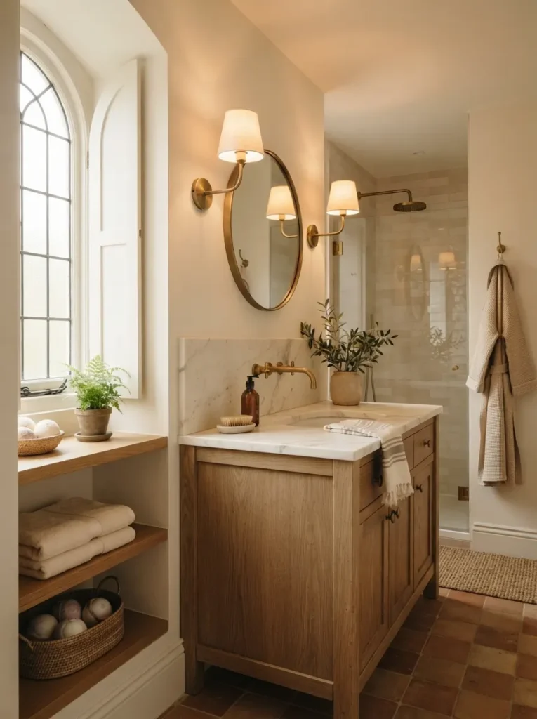 ![A frameless minimal mirror in a bathroom, reflecting light and adding depth, warm bathroom lighting, vertical Pinterest photography, warm frameless-mirror styling.]