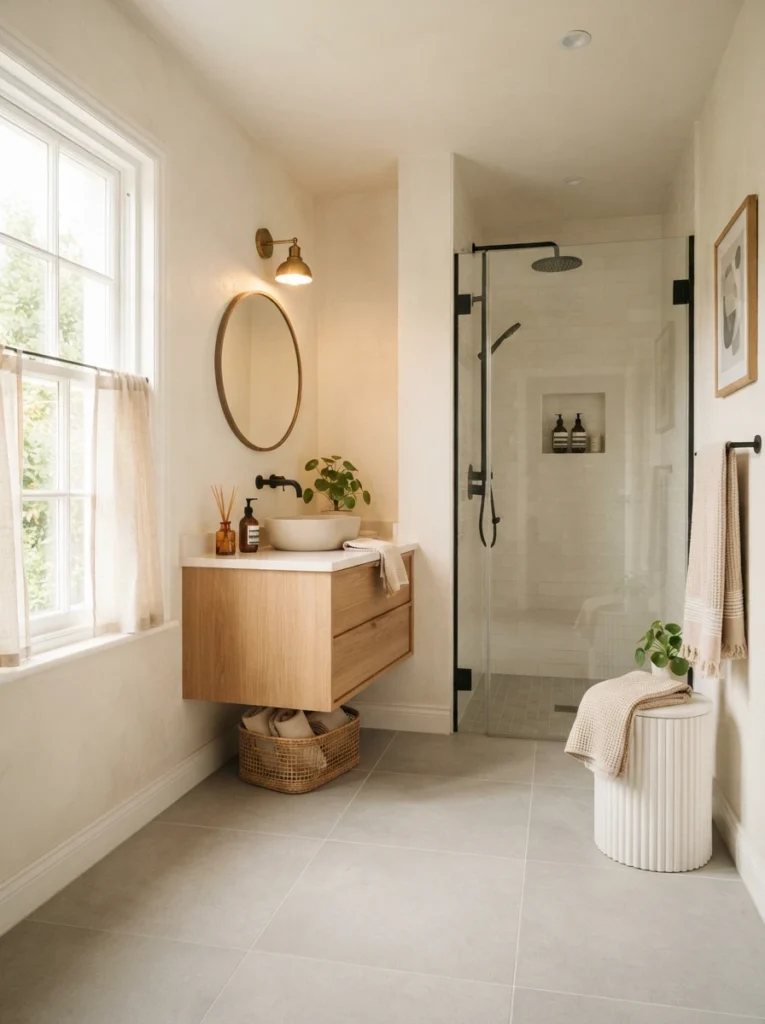 Warm white walls paired with light gray flooring in a bathroom, open balanced contrast, warm bathroom lighting, vertical Pinterest photography, warm white-gray-open styling.