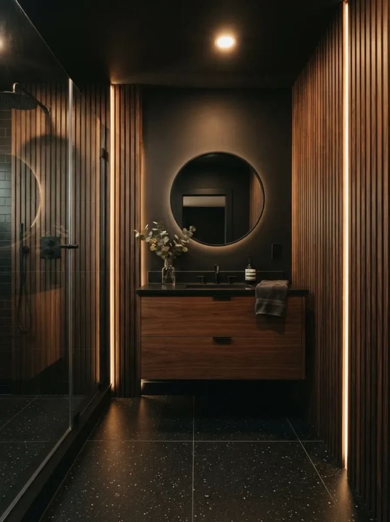 Fluted wood accent walls with hidden LED lighting in a black bathroom, paired with a walnut vanity, warm bathroom lighting, vertical Pinterest photography, warm fluted-wood-black styling.