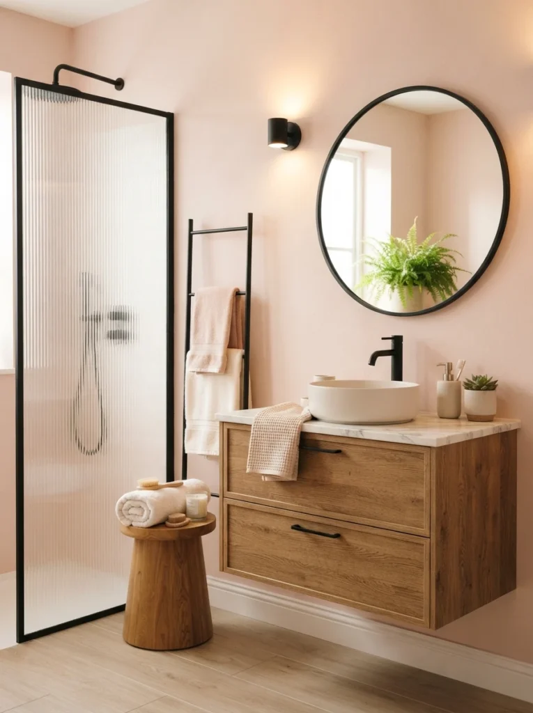 Soft pastel blush walls paired with warm wood and matte black accessories in a bathroom, airy contrast, warm bathroom lighting, vertical Pinterest photography, warm pastel-wood-pairing styling.