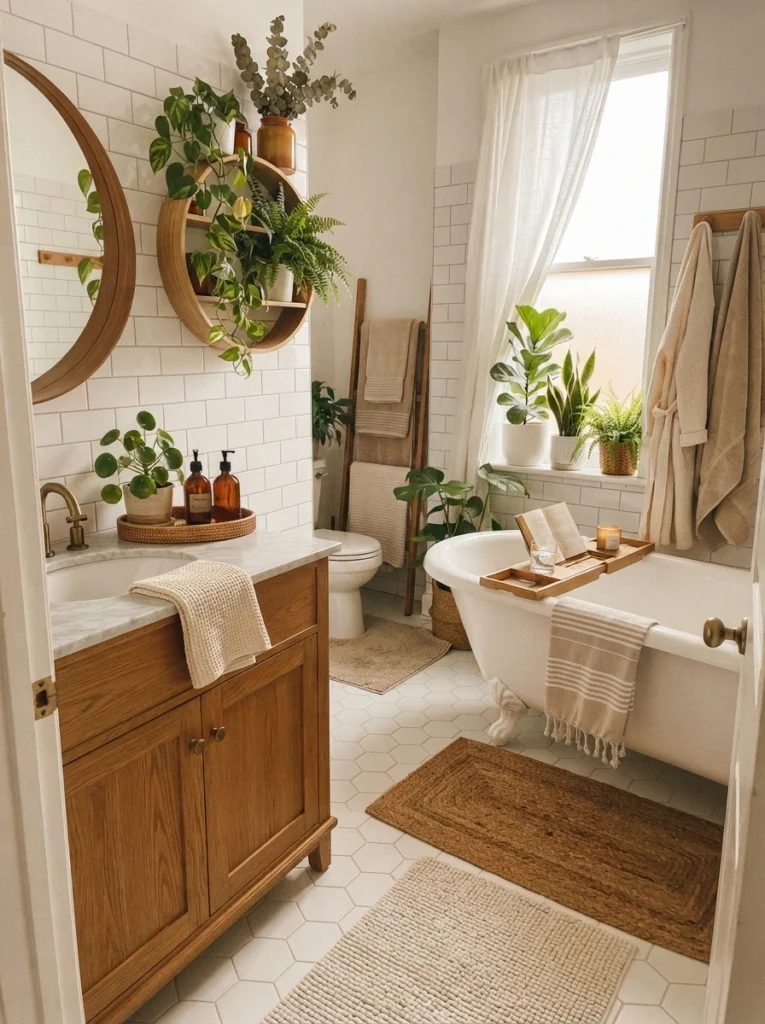 An all-white bathroom base layered with wood, plants, and warm textile accents, warm bathroom lighting, vertical Pinterest photography, warm white-base styling.