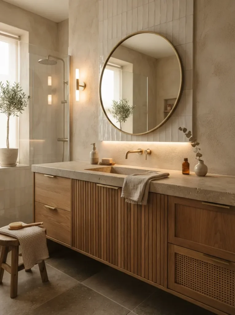 Warm wood cabinetry paired with matte stone countertops in a Japandi bathroom, warm bathroom lighting, vertical Pinterest photography, warm wood-stone-pairing styling.
