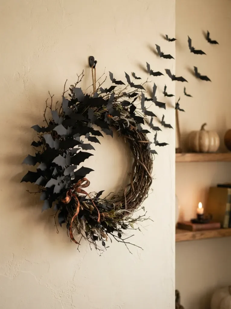 ![A creative Halloween bat swarm wreath hanging on a warm cream wall, dense cluster of small black bats attached to one side of a dark circular wreath while additional bats appear to fly outward from the wreath, subtle orange ribbon and dried branches, warm ambient lighting, dramatic but stylish Halloween decor, realistic photography, vertical Pinterest composition, no text.]