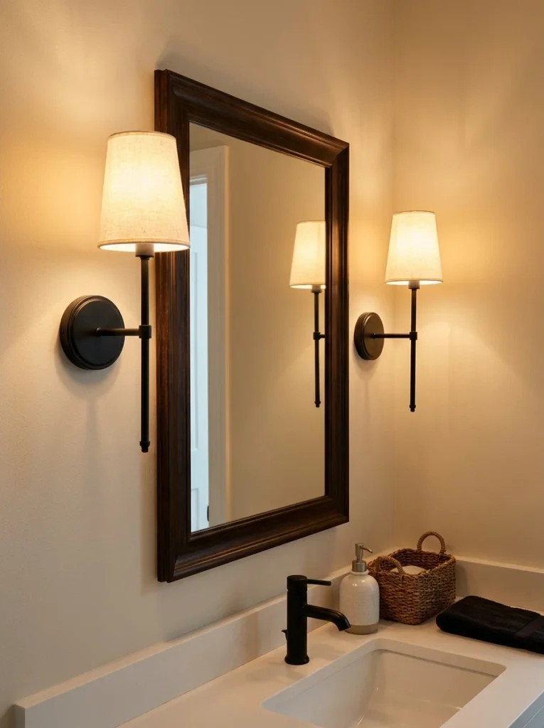 Battery-operated sconces mounted beside a rental bathroom mirror, adding warm light, warm bathroom lighting, vertical Pinterest photography, warm plug-in-sconce styling.