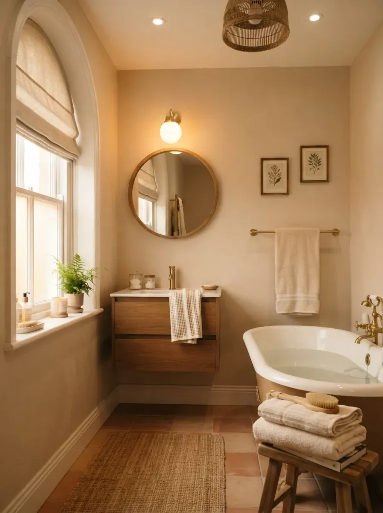 ![A bathroom painted in warm beige tones, replacing cold stark white, warm bathroom lighting, vertical Pinterest photography, warm neutral-paint styling.]