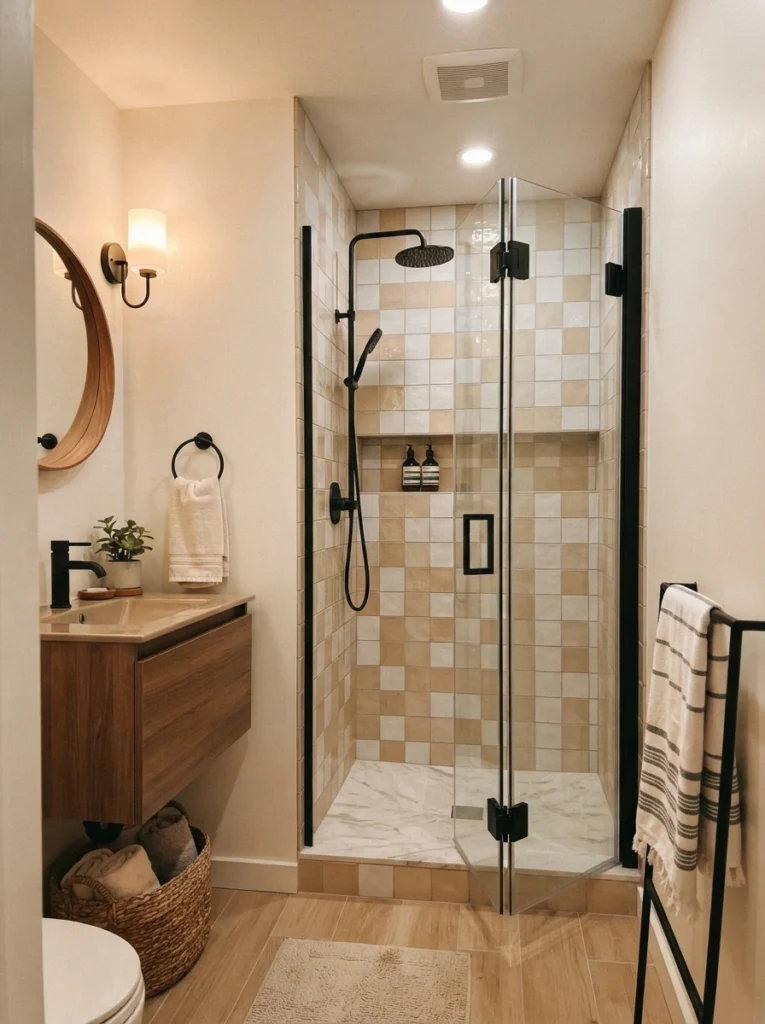 A bifold shower door installed in a modern bathroom with a tighter layout, warm bathroom lighting, vertical Pinterest photography, warm bifold-door styling.