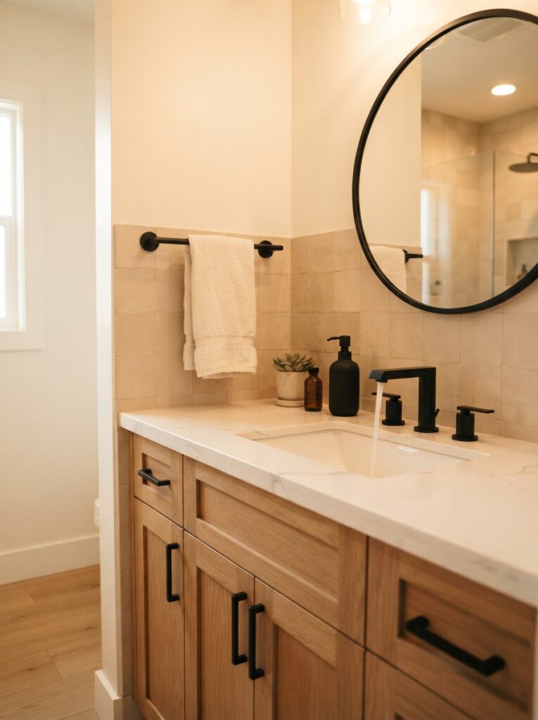 ![Matte black fixtures against a light-colored bathroom palette, faucet and towel bar providing contrast, warm bathroom lighting, vertical Pinterest photography, warm contrast-fixture styling.]