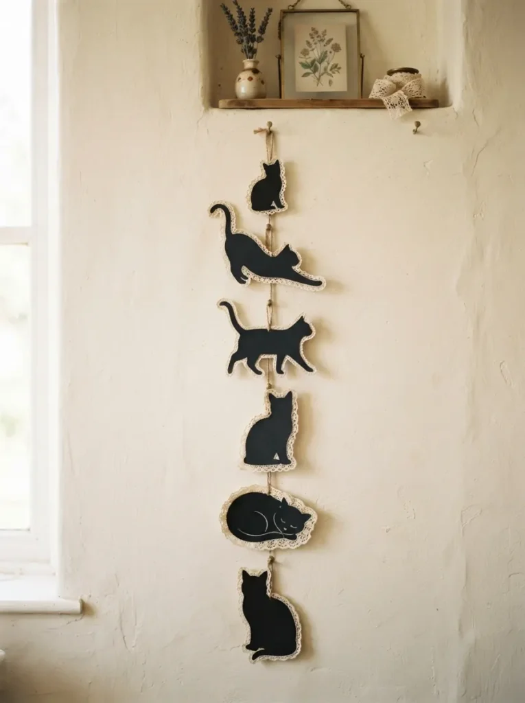 ![Black cat silhouettes edged with delicate lace hanging against a cream wall, soft side lighting, vertical Pinterest photography, vintage lace-cat styling.]
