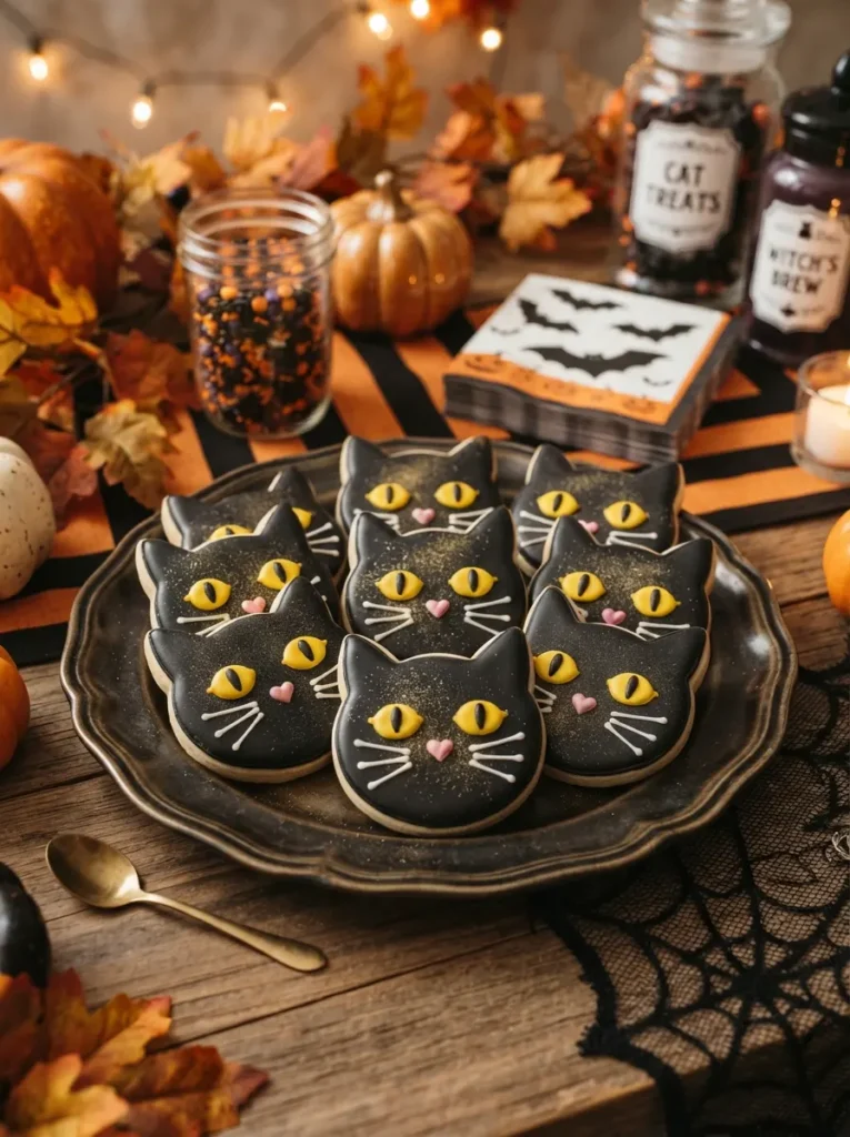 ![Black cat-shaped Halloween sugar cookies decorated with yellow eyes, pink noses, royal icing whiskers, and subtle edible shimmer, festive dessert table, vertical Pinterest photography.]